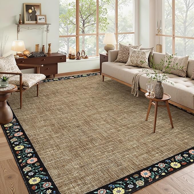 GarveeHome Washable Rugs for Living ROM 8 x 10 Large Area Rug Farmhouse Floral Bordered Bedroom Carpet Indoor Non-Slip Nursery Mat Soft Non Shedding Stain Resistant Carpet for Dining Room, Brown