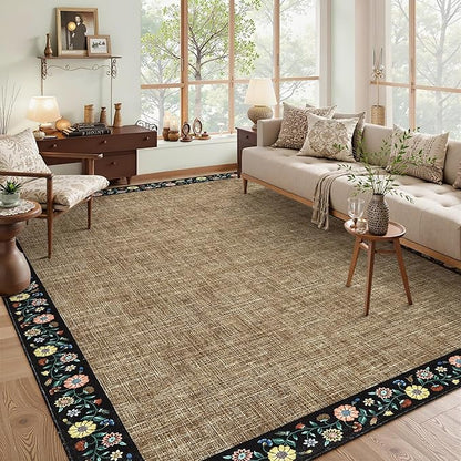 GarveeHome Washable Rugs for Living ROM 8 x 10 Large Area Rug Farmhouse Floral Bordered Bedroom Carpet Indoor Non-Slip Nursery Mat Soft Non Shedding Stain Resistant Carpet for Dining Room, Brown