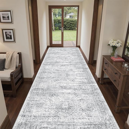 4x12 Runner Rug for Hallway, Low-Pile Wide Runner for Entryway, Long Washable Non-Slip Kitchen Rug, Soft Modern Home Decor Mat for Living, Laundry Room(4'x12', Grey/Ivory)