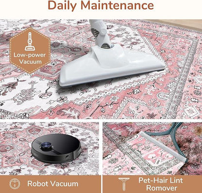 OPPODREAM Soft Area Rugs 4x6, Low-Pile Washable Rugs 4x6 with Non Slip Backing, Faux Cashmere 4 x 6 Throw Carpet, Pink & Cream