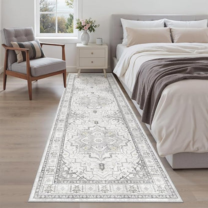 Madane Runner Rug 2'6''x8' Kitchen Runner, Hallway Runner Printed Vintage Rug 2.5x8ft Washable Rugs Soft Non-Slip Low Pile Runners for Hallways Laundry Room Rug, Grey