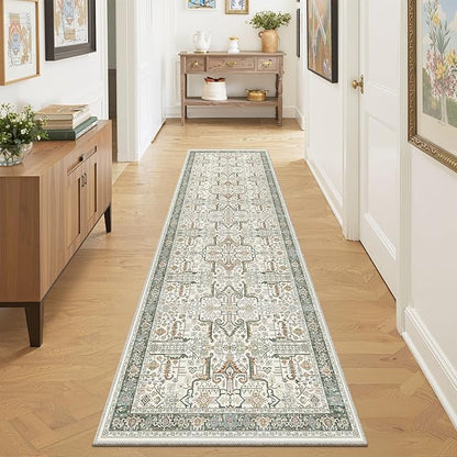 Washable 2x8 Runner Rug - Non Slip Vintage Kitchen Runner Rugs Low-Pile Distressed Long Rugs for Hallway Waterproof Indoor Carpet for Living Room Bedroom Entryway 2'x8' Green