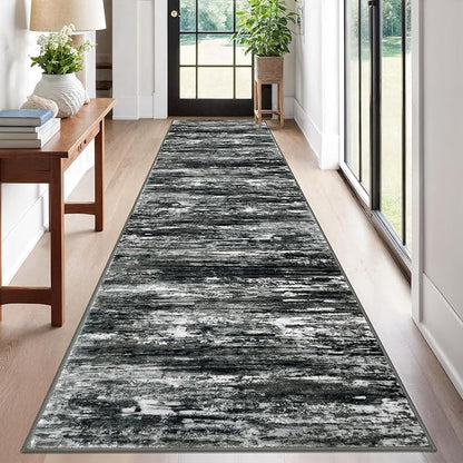 KOZYFLY Modern Abstract Washable Rug Runner 2.6x12 Hallway Rug Runner Non-Slip Soft Kitchen Runner Rugs, Black Grey Striped Carpet for Entryway Bathroom Laundry Room Foyer
