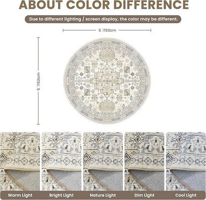 zesthome Washable Round Rug - 5ft Ultra-Thin Circle Area Rugs, Vintage Non-Slip Low Pile Rug for Living Room, Stain Resistant Rug for Bedroom, Entryway, Kitchen, Nursery