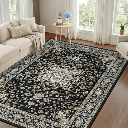 4x6 Area Rugs for Living Room: Washable Rug Soft Vintage Boho Medallion Carpet Indoor Non-Slip Stain Resistant Large Carpets for Bedroom Dining Room Farmhouse Nursery Home Office Black Gold