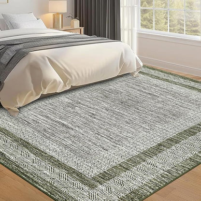 GarveeHome Modern Geometric Area Rug 4x6 Distressed Bordered Washable Non Slip Floor Carpet Non Shedding Thin Soft Low Pile Contemporary Green Rug for Dining Room, Living Room