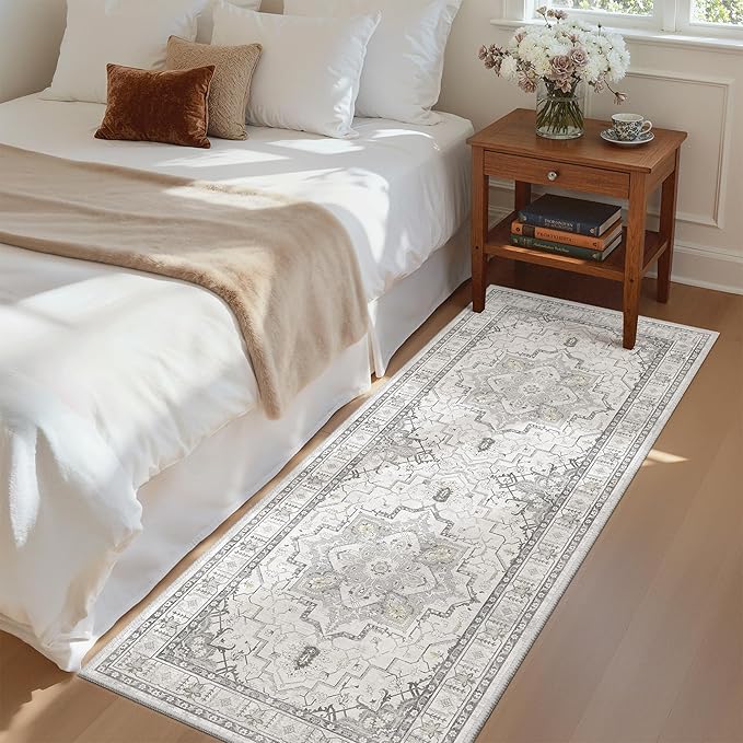 Madane Washable Runner Rug - 2x6 Rug Runners for Hallways 6 Foot Non Slip Vintage Kitchen Runner Rug Ultra-Thin Bathroom Runner Rugs Carpet Laundry Room Bedroom (2x6ft, Grey)