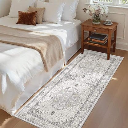 Madane Washable Runner Rug - 2x6 Rug Runners for Hallways 6 Foot Non Slip Vintage Kitchen Runner Rug Ultra-Thin Bathroom Runner Rugs Carpet Laundry Room Bedroom (2x6ft, Grey)