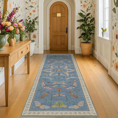 Blue Insect 2'6'' Wide 8' Long Hallway Runner Rug - Washable Kitchen Sink Rug, Non Slip Runner Rug for Entryway, Colorful Vintage Print Home Décor