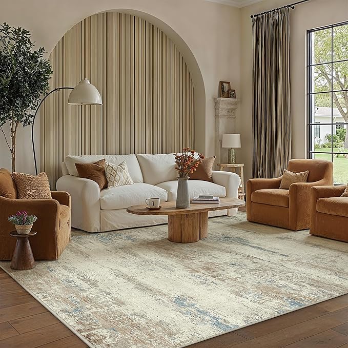 PureCozy 8x10 Area Rug Washable Beige Brown Abstract Living Room Carpet Non Slip Modern Neutral Soft Low Pile Contemporary Aesthetic Bedroom Large Rug Indoor Office Dining Room Playroom