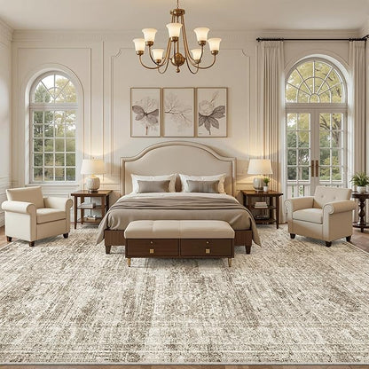 12x15 Washable Area Rug Brown Neutral Abstract Living Room Large Carpet Non Slip Bedroom Indoor Office Dining Room Low Pile Thin Rug