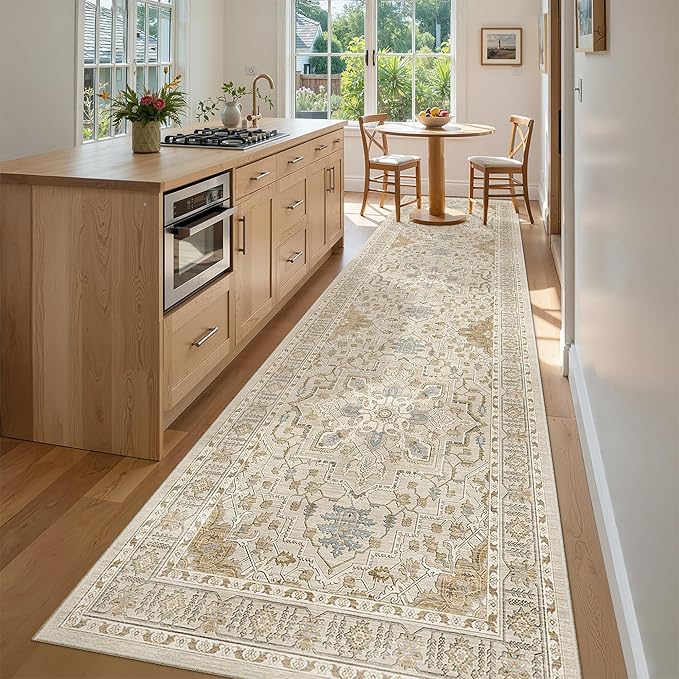 Madane Hallway Rug 3x10, Kitchen Rugs Washable Entryway Rug 10ft Vintage Kitchen Runners Non Slip Indoor Area Rug Farmhouse Carpet Runner for Bathroom Living Room Bedroom, Beige/Blue