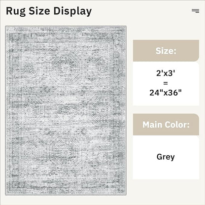 2x3 Washable Rugs for Kitchen, Floor, Entryway, Powder Room Small Area Rug Non-Slip Vintage Low Pile Throw Door Mat Grey