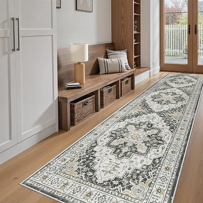 Madane Hallway Runner Rug 2'6''x10' Kitchen Runner, Non Slip Vintage Runners for Hallways Washable Kitchen Rugs Soft Low Pile 2.5x10 ft Rug Runner for Laundry Room, Entryway and Bedroom, Black