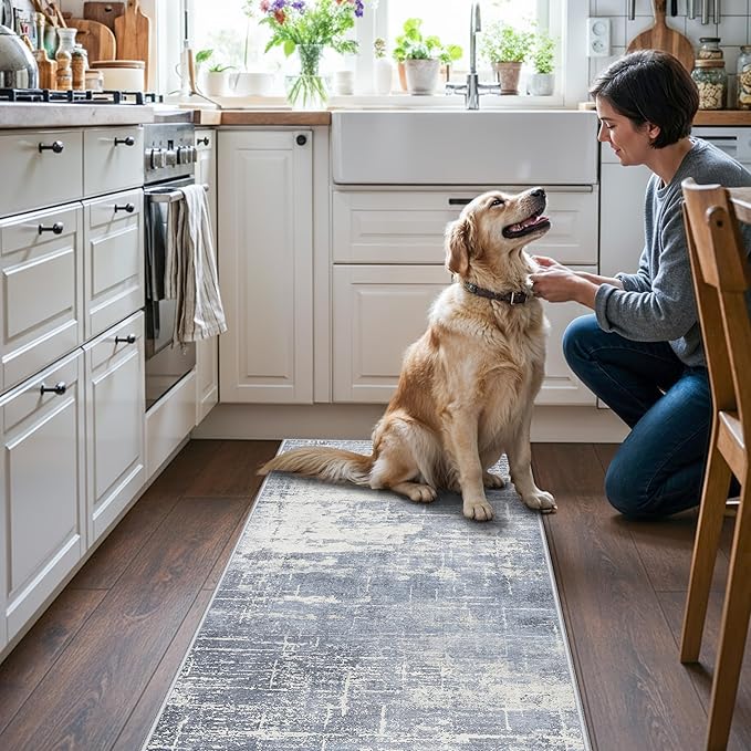 Washable 2x5 Abstract Hallway Runners: Indoor Water Resistant Kitchen Sink Rug Soft Living Room Bedroom Carpet Thin Low Pile Non Slip Floor Mat for Bathroom Entrance Laundry Room(2X5,Blue/Ivory)