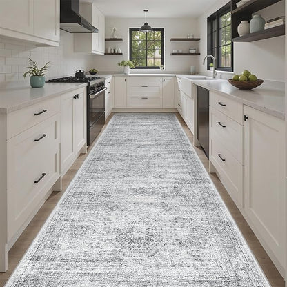 Soalmost 4x12 Wide Hallway Runners: Washable 12ft Runner Rug for Entryway Living Room Soft Vintage Non Slip Carpet Runner for Kitchen Dining Room Nursery Bedroom (Grey, 4x12ft)