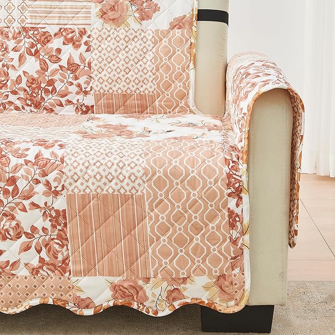 Great Bay Home Reversible Patchwork Sofa Cover - Washable Slipcover Furniture Protector with Elastic Straps - Perfect for Kids & Pets - Box-Stitched Detail (Dusty Rose)