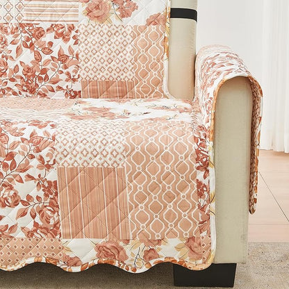 Great Bay Home Reversible Patchwork Loveseat Cover - Washable Slipcover Furniture Protector with Elastic Straps - Perfect for Kids & Pets - Box-Stitched Detail (Dusty Rose)