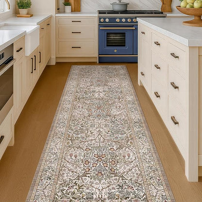 Moss Green 2'6" x 10' Long Runners for Hallways Non Slip, Vintage Washable Rugs for Kitchen, Entryway Stain Resistant with Rubber Backing - Vintage Taupe Brown Floral Décor