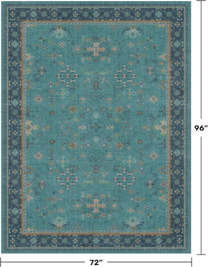 Boho Teal 6x8 Rug for Living Room, Washable Area Rugs for Bedroom, Dining Room Under Table, Vintage Turquoise Décor Indoor, Low Pile & Soft Carpet