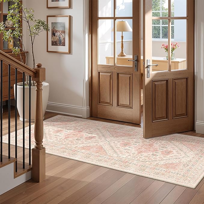 2x5 Rug Runner Washable for Entryway, Soft Bathroom Rugs with Non-Slip Backing,Vintage Low Pile Stair Runner, Small Kitchen Carpet for Hallways, Laundry Room(Pink,2'x5')