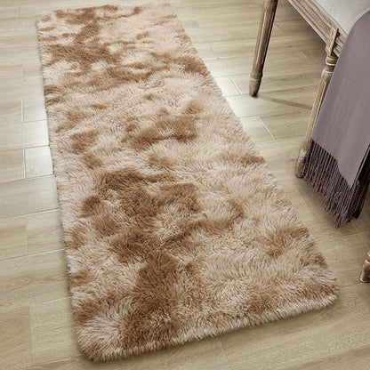 Tepook Fluffy Runner Rugs for Bedroom Aesthetic 2x6 Feet, Shag Soft Bedside Rug with Non-Slip Bottom, Fuzzy Plush Carpet for Room, Hallway Rug for Nursery Dorm Indoor Home Decor, Tie-Dyed Beige