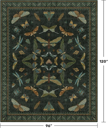 Hazo Haus Dark Green Insect Area Rugs 8x10 for Living Room, Dining Room Under Table, Bedroom, Unique Washable Floral Non Slip Low Pile Soft Rug