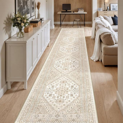 Washable Runner Rug 2.5x14, Non-Slip Long Kitchen Mats for Floor, Vintage Rug for Entryway, Soft Hallway Runner for Dining Room, Bedroom, Living Room(Cream/Beige,2.5'x14')