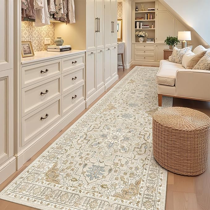 Madane Hallway Rug 3x10, Kitchen Rugs Washable Entryway Rug 10ft Vintage Kitchen Runners Non Slip Indoor Area Rug Farmhouse Carpet Runner for Bathroom Living Room Bedroom, Beige/Blue
