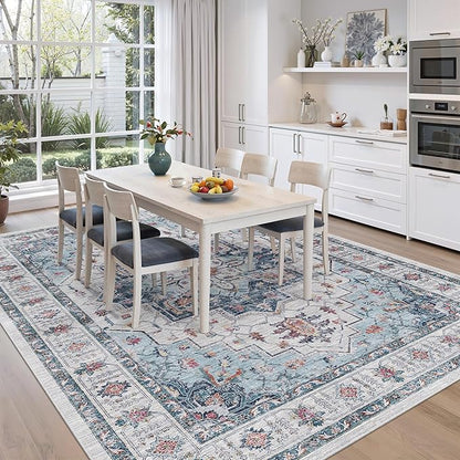 zesthome Area Rugs 9x12, Washable Rug Non-Slip Low Pile Rugs for Living Room, Bedroom, Home Decor Vintage Large Area Rug (Blue,9'x12')