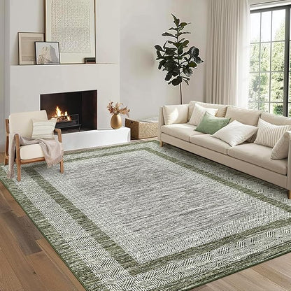 GarveeHome 8x10 Large Washable Area Rug Modern Bordered Rug Distressed Geometric Floor Carpet, Soft Non Slip Rug, Low Pile Non Shedding Rug, Indoor Green Rug for Bedroom, Living Room