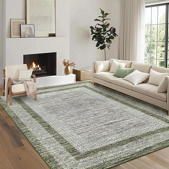 GarveeHome Modern Geometric Area Rug 4x6 Distressed Bordered Washable Non Slip Floor Carpet Non Shedding Thin Soft Low Pile Contemporary Green Rug for Dining Room, Living Room