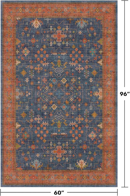 Hazo Haus Dark Blue & Terracotta 5x8 Living Room Rug - Machine Washable Area Rugs for Bedroom, Dining Room, Kitchen Floor, Small Office, Low Pile Non-Slip Rubber Backing & Stain Resistance