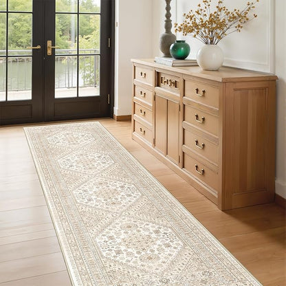 Runner Rug 2x8 Runners for Hallways Non Slip Washable, Vintage Hallway Runner Rugs for Living Room, Low Pile Soft Hallway Rug for Kitchen Bedroom Laundry Room(Cream/Beige,2'x8')