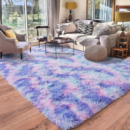 Rugs for Bedroom 4x6, Soft Shaggy Modern Shag Area Rug for Living Room, Upgrade Non-Slip Plush Fluffy Carpet for Kids Boys Girls Room Home Decor Aesthetic, Rainbow Purple
