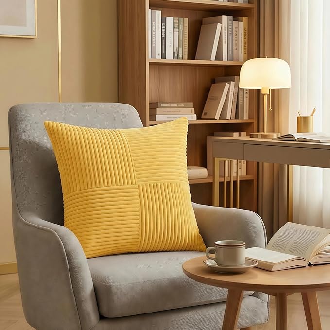 Fancy Homi 2 Packs Yellow Decorative Throw Pillow Covers 20x20 Inch for Living Room Couch Bed Sofa, Rustic Farmhouse Boho Home Decor, Soft Corss Corduroy Patchwork Accent Square Cushion Case 50x50 cm