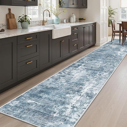 Runner Rug 2x12 Washable Non-Slip Hallway Runner Rugs for Kitchen Bathroom Laundry Room Blue/Grey Vintage Floor Carpet Runners for Hallways Entryway