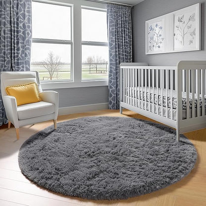 ONASAR Grey Round Area Rugs 5ft, Gray Soft Bedroom Circle Rug Floor Mats for Kids Girls Teen Room, Fluffy Plush Shaggy Carpet for Baby Nursery Living Room Playroom Home Decor Aesthetic