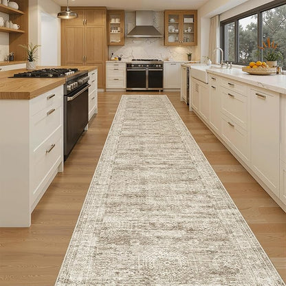 Runner Rug 2'6" x 16' Washable Non-Slip 2.5x16 ft Long Runner Rugs for Kitchen Bathroom Laundry Room Vintage Ultra Thin Runners for Hallway Entryway Brown