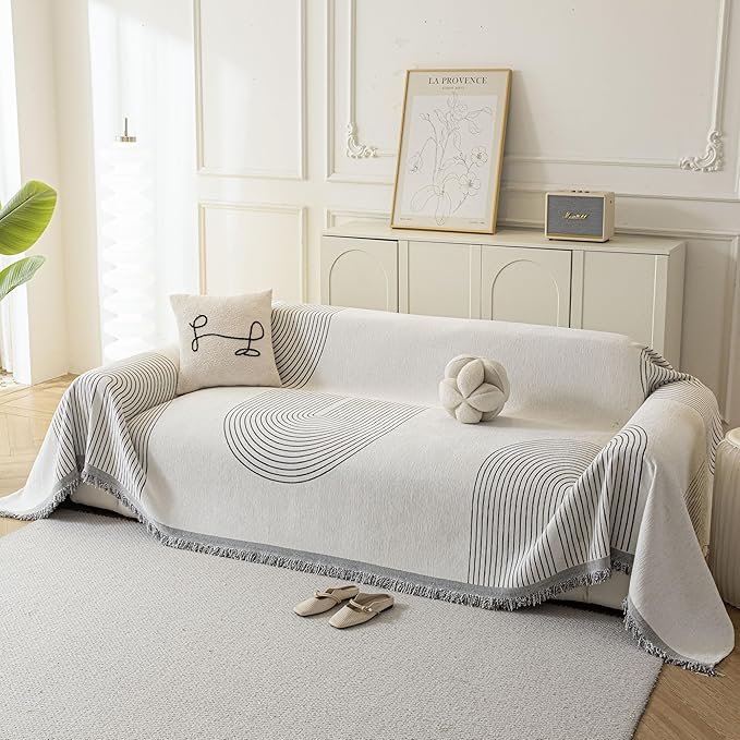 Couch Cover for Dogs, Boho Sofa Covers for 3 Cushion Couch, Chenille Sofa Slipcover for Pets Washable, L-Shape Sectional Couch Loveseat Cover Soft Throw Blankets with Tassels(71x118,Arc Grey)