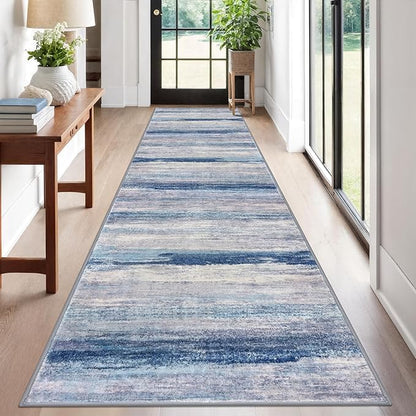 KOZYFLY Modern Abstract Washable Rug Runner 2.6x12 Hallway Rug Runner Non-Slip Soft Kitchen Runner Rugs, Blue/Grey/Beige Striped Carpet for Entryway Bathroom Laundry Room Foyer