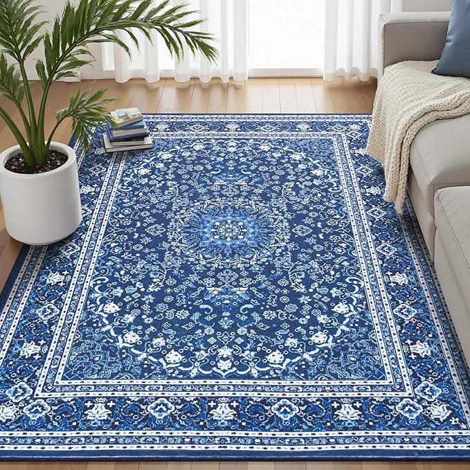 Lofus 5x7 Area Rugs for Living Room, Machine Washable Non-Slip Area Rug, Low Pile Large Rugs for Bedroom, Kitchen, Dining Room, Home Office, Vintage Oriental Print Rug, Dark Blue with White
