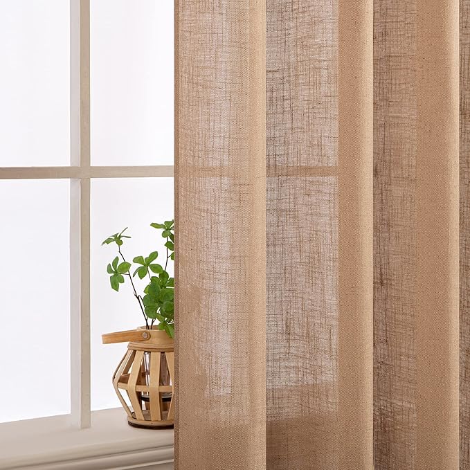 MIULEE Brown Linen Curtains 72 Inch Length 2 Panels for Bedroom Living Room, Soft Thick Linen Textured Window Drapes Semi Sheer Light Filtering Back Tab Rod Pocket Burlap Look Decor, W37xL72