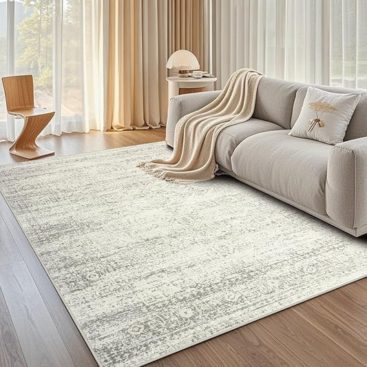 Srugn Washable Rugs 5x7 Area Rugs for Living Room,Bedroom,Dining Room- Large Ultra Soft Faux Wool Retro Carpets,Non Slip&Non-Shedding Low Pile Vintage Print Rug for Home Office Decor-Beige