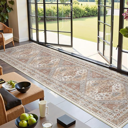 Runner Rug 2x10, Ultra-Thin Kitchen Rugs Non Slip Washable Rugs for Entryway Rug, Kitchen Runner Low Pile Vintage Soft Carpets for Living Room, Bathroom Bedroom (Orange,2'x10')