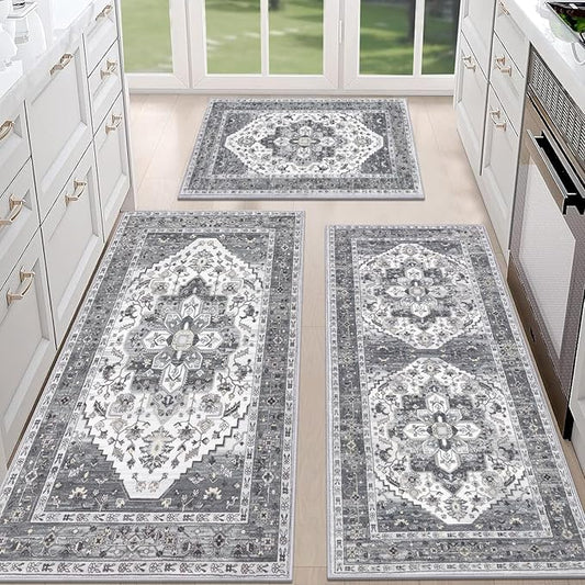 HEBE Boho Kitchen Rug Sets 3 Piece with Runner Non Slip Kitchen Rugs and Mats Washable Kitchen Mats for Floor Thick Kitchen Floor Mat Carpet Runner Rugs for Hallway Laundry Holiday Decor