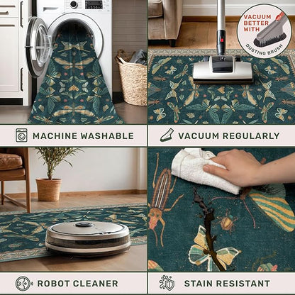 Teal 3x4 Entryway Rug - Washable Door Rug Indoor for Large Kitchen, Living Room, Thin & Foldable Low Pile Insect Décor