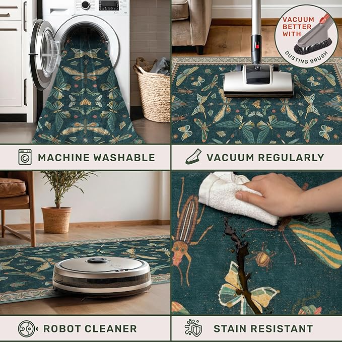 Hazo Haus Brown and Green Kitchen Sink Runner Rug 2x6 - Teal Boho Bathroom Rugs for Entrance Indoor, Insect Print Floral Vintage, Washable Non Skid Stain Resistant