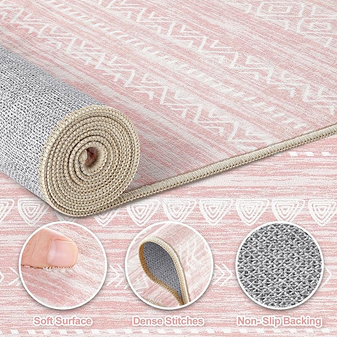 Nakagishi Pink Rugs for Bedroom Girls: 7x9 Washable Boho Large Neutral Cute Soft Area Rug Modern Indoor Floor Non Slip Accent Carpet for Living Room Nursery Kids Playroom Preppy Room Dorm Baby Room