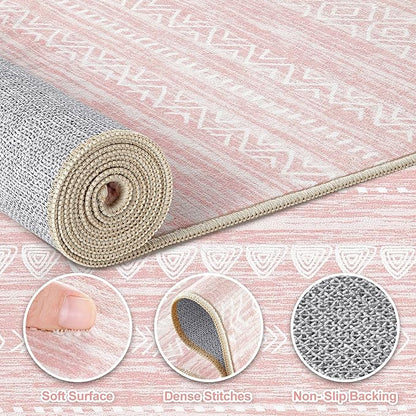 Nakagishi Pink Rugs for Bedroom Girls: 7x10 Washable Boho Large Neutral Cute Soft Area Rug Modern Indoor Floor Non Slip Accent Carpet for Living Room Nursery Kids Playroom Preppy Room Dorm Baby Room